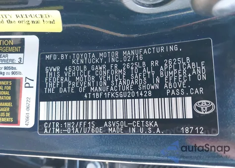 2016 Toyota Camry Se z USA, uszkodzony, nr VIN 4T1BF1FK5GU201428